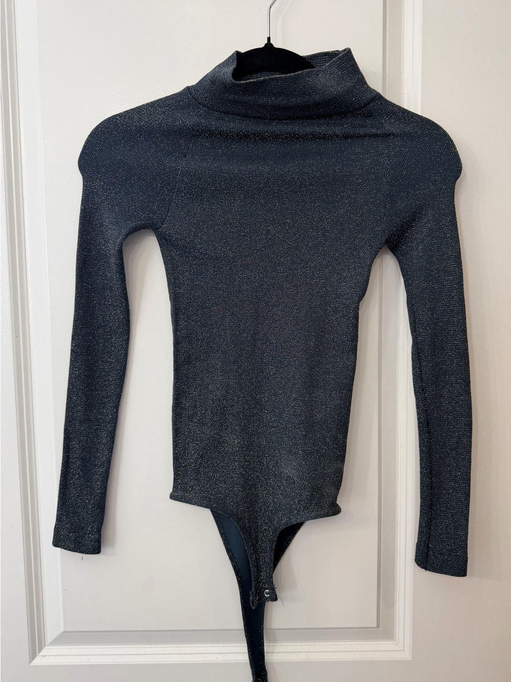 Free People Metallic Blue Long-Sleeve Turtleneck Bodysuit with Keyhole Back